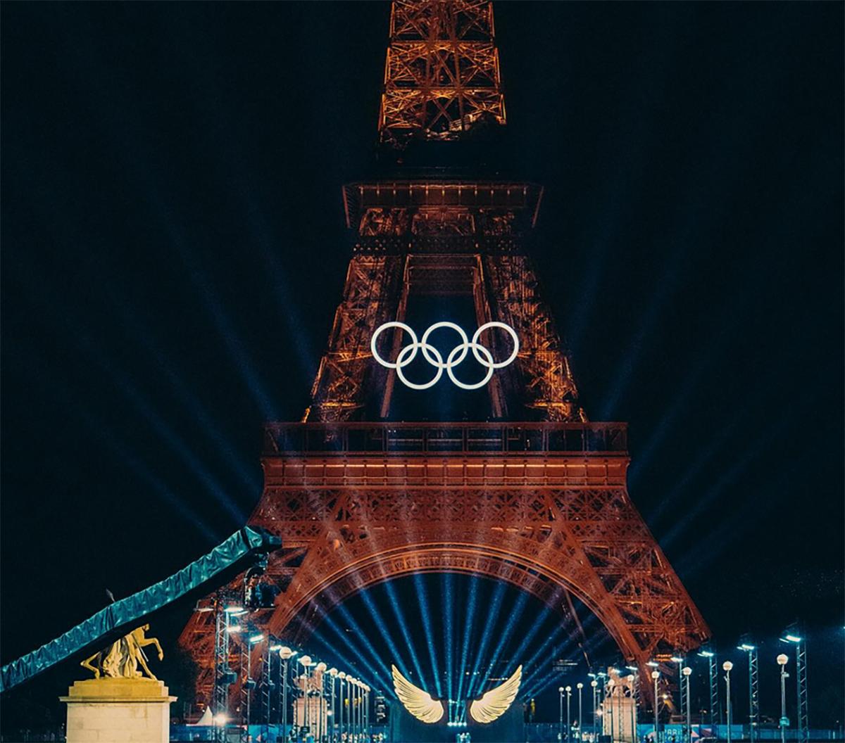 The Eiffel Tower with the Olympic Rings at night