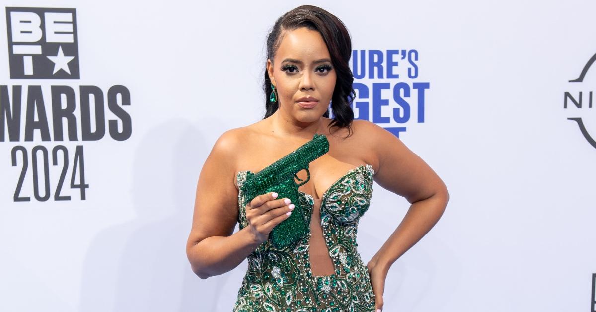 Angela Simmons attends the 2024 BET Awards at Peacock Theater holding a gun-shaped purse.