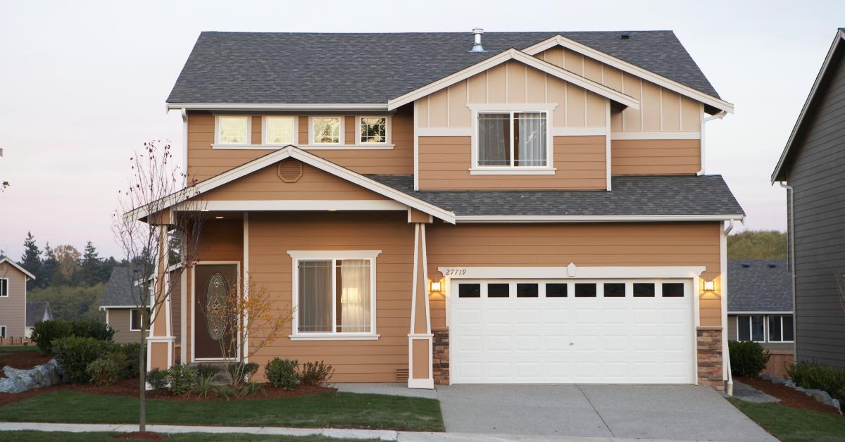 A house exterior at sunset.