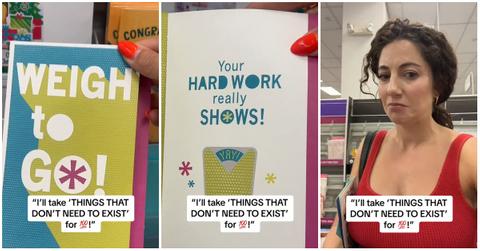 (l-r): A weight loss greeting card at CVS and a woman reacting to it