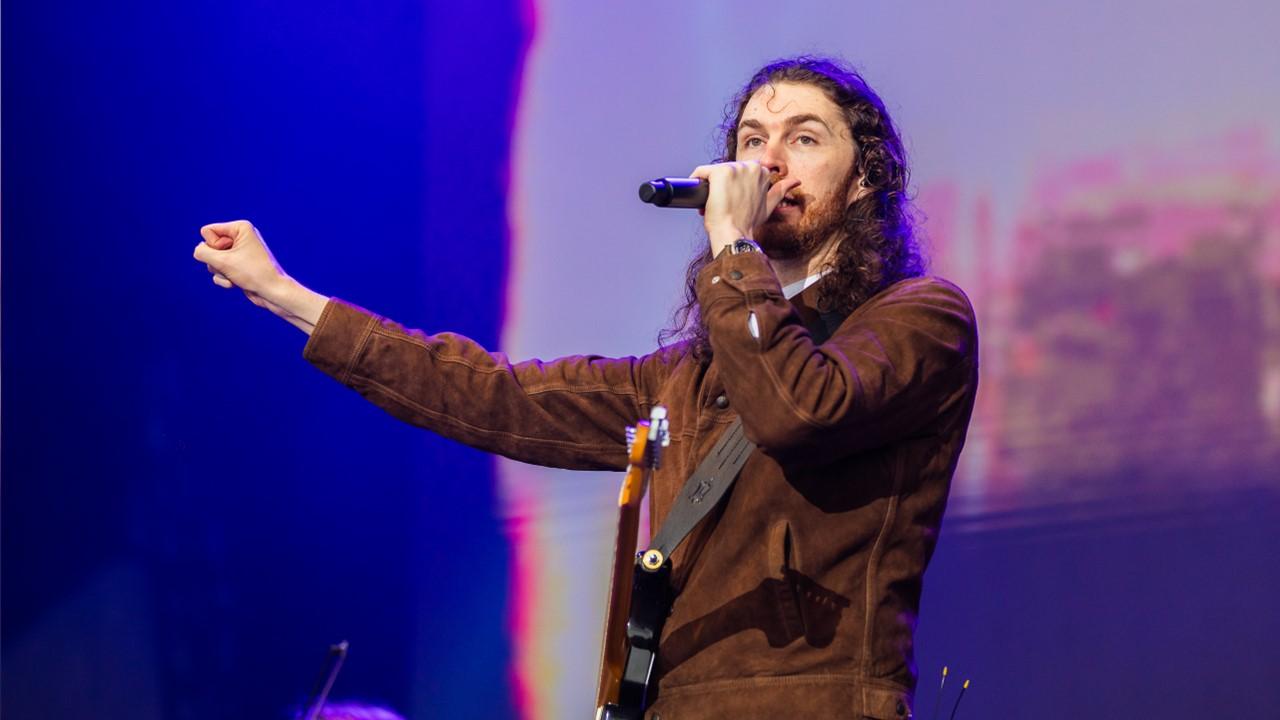 Hozier performing on day two of Lollapalooza Brazil at Autodromo de Interlagos on March 23, 2024