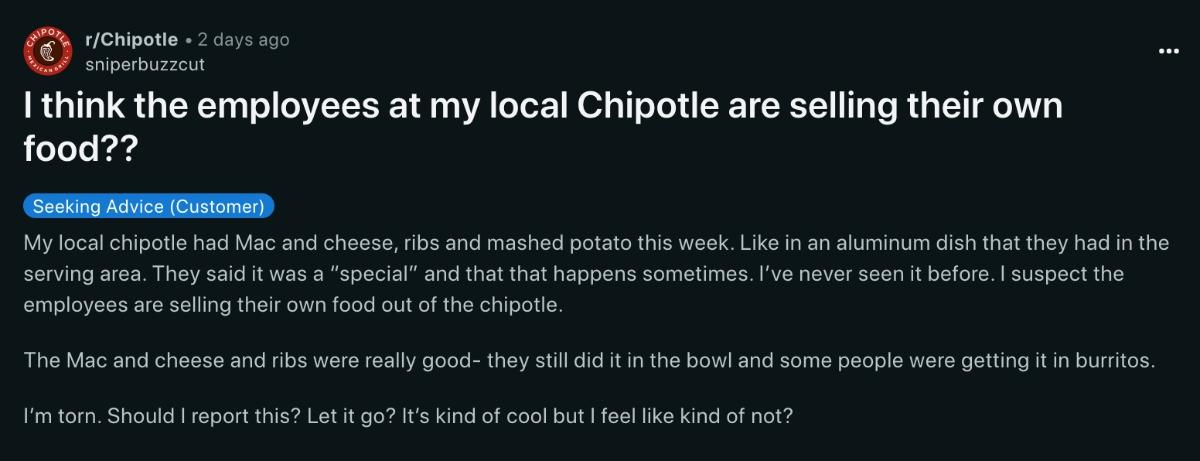 Reddit post about mac and cheese, ribs, and mashed potatoes at Chipotle