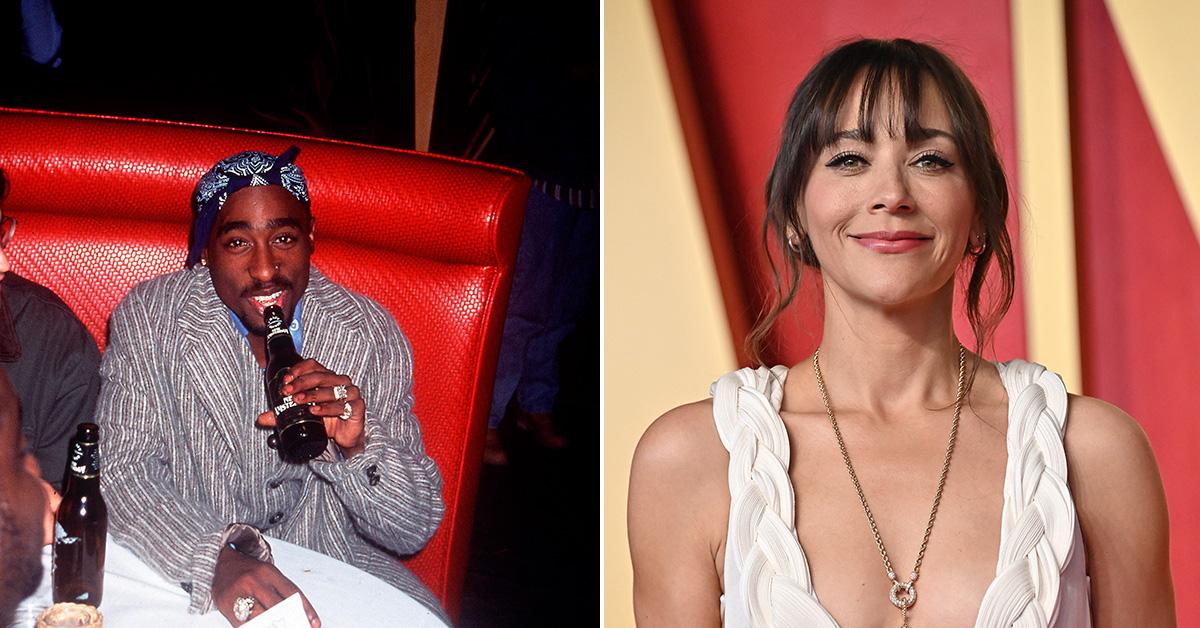 Tupac Shakur and Rashida Jones in two side-by-side images. 