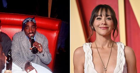 Tupac Shakur and Rashida Jones in two side-by-side images.