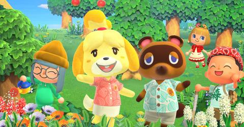 'Animal Crossing: New Horizons' promo art of Tom Nook and Elizabeth with other characters.