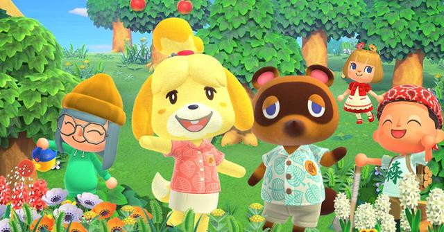 'Animal Crossing: New Horizons' promo art of Tom Nook and Elizabeth with other characters.