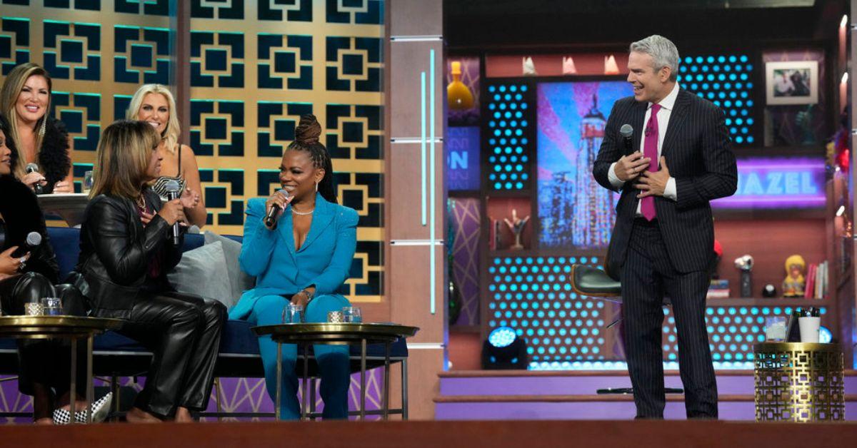 (l-r): Mama Joyce, Kandi Burruss, and Andy Cohen speaking at BravoCon