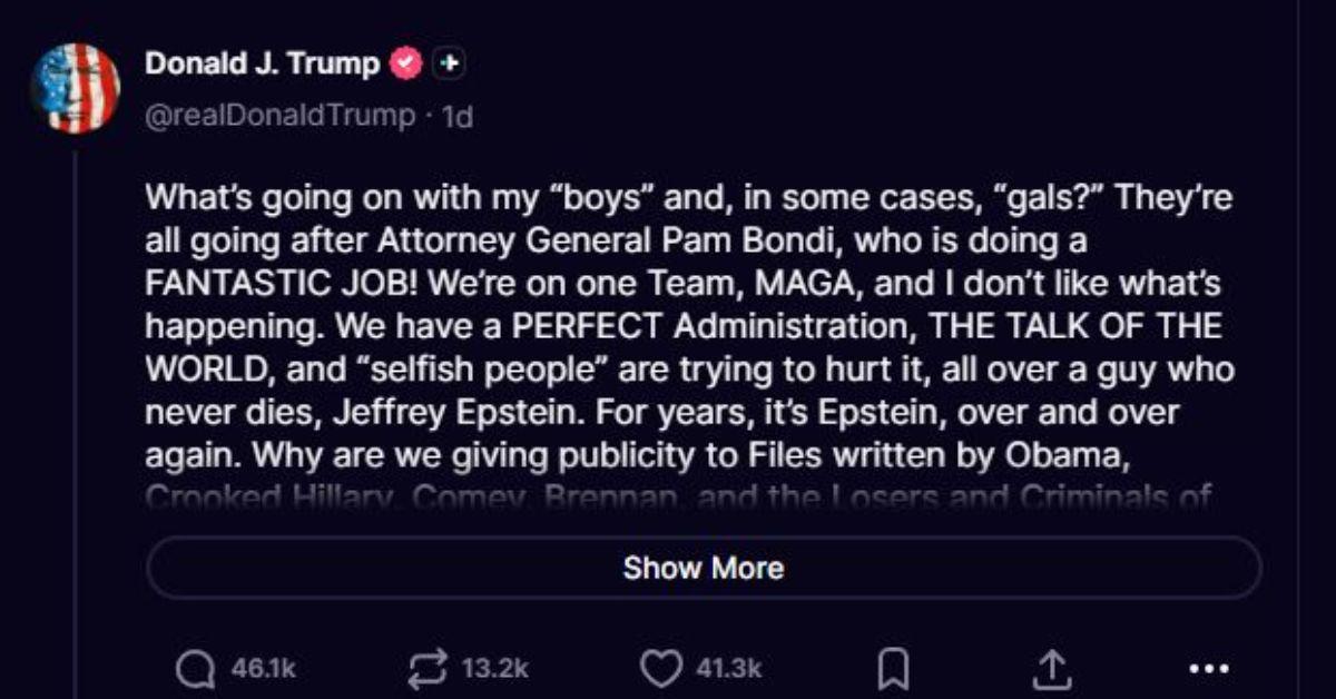 A Donald Trump post on Truth Social defending Pam Bondi. 