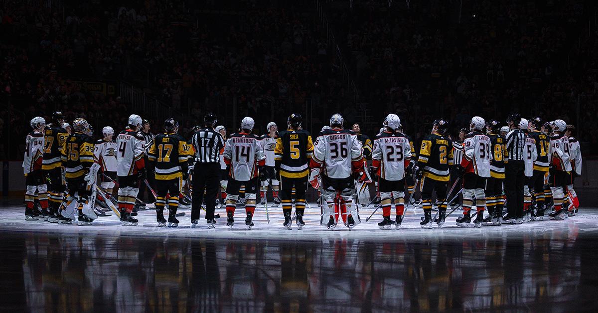 A moment of silence for Adam Johnson during a game between the Penguins and the Ducks on Oct. 30, 2023.