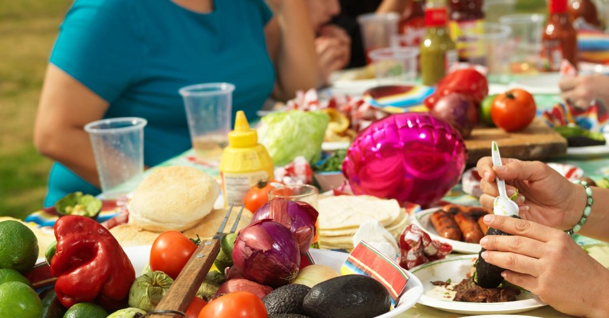 People eating barbecue picnic in park close-up - stock photo