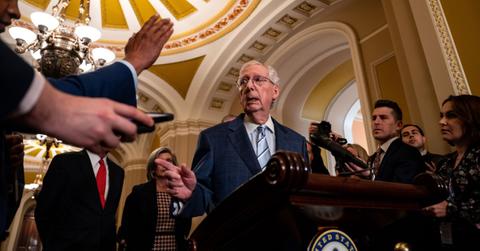 Mitch McConnell addressing reporters on April 9, 2024