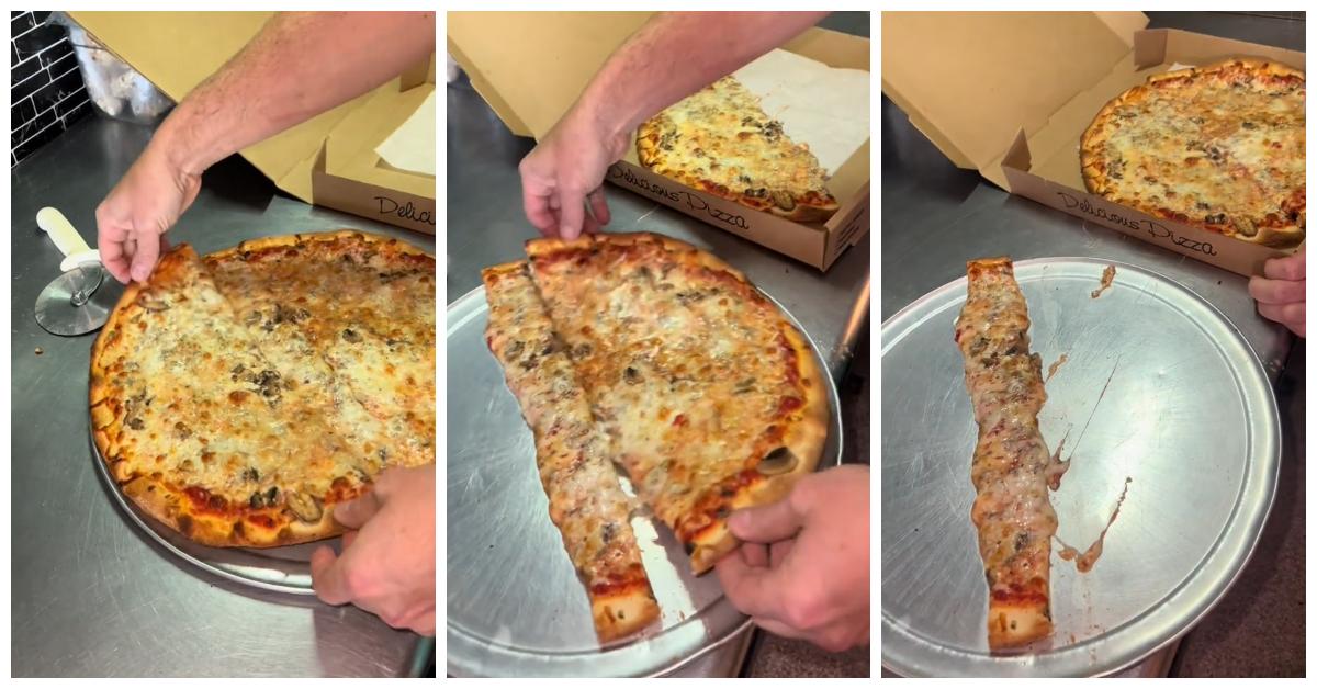 A pizza shop employee.sharing a free pizza hack