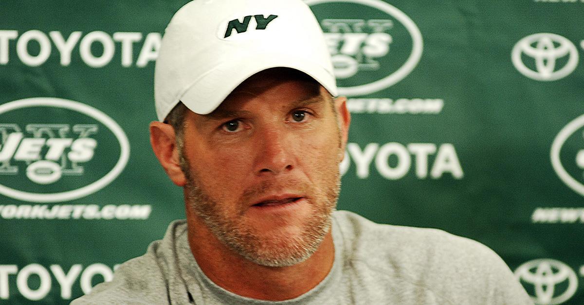 Brett Favre during a press conference with the New York Jets. 