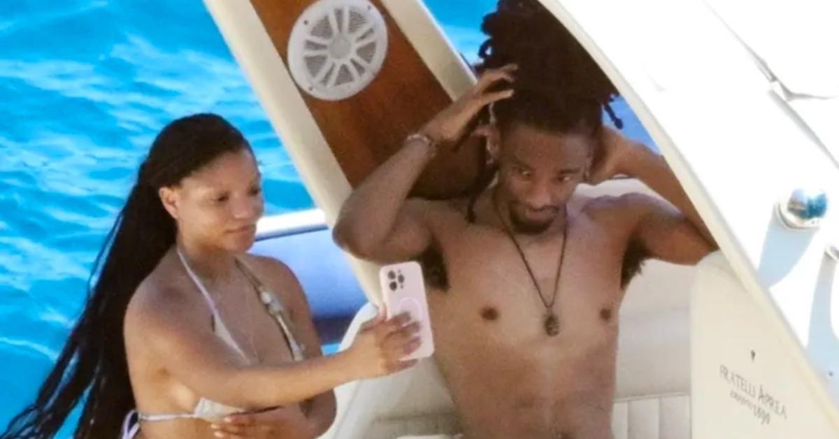 (l-r): Halle Bailey and Scott Bridgeway on a yacht.