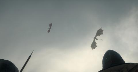 Two dragons flying in the sky in 'House of the Dragon'