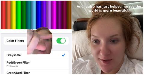 A woman explaining how to use the grayscale hack on an iPhone