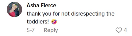 TikTok Comment: "thank you for not disrespecting the toddlers!"