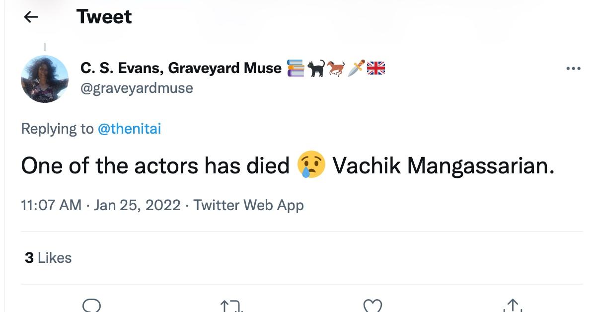 A tweet about Vachik Mangassarian's passing