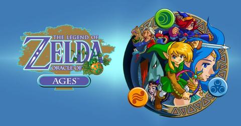 Promotional artwork for Oracle of Ages, showing Link on a blue background.