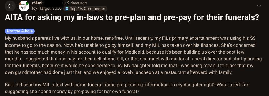 ‘Asking My In-Laws to Prepay for Their Funerals?’ Reddit Thinks It’s Complicated