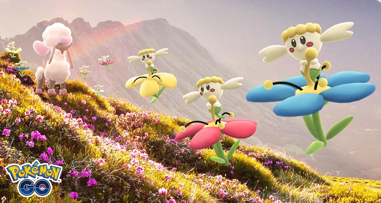 'Pokémon GO' promo art of flower-like Pokémon in a field.