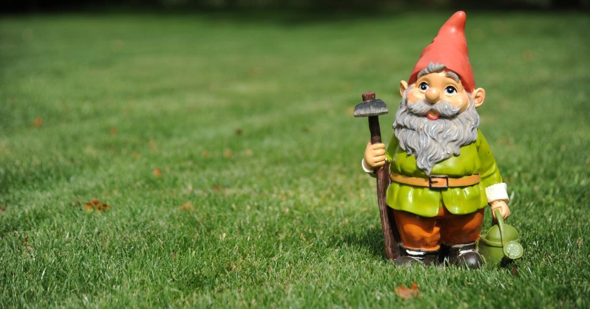 closeup of garden gnome holding pickax and watering can picture id