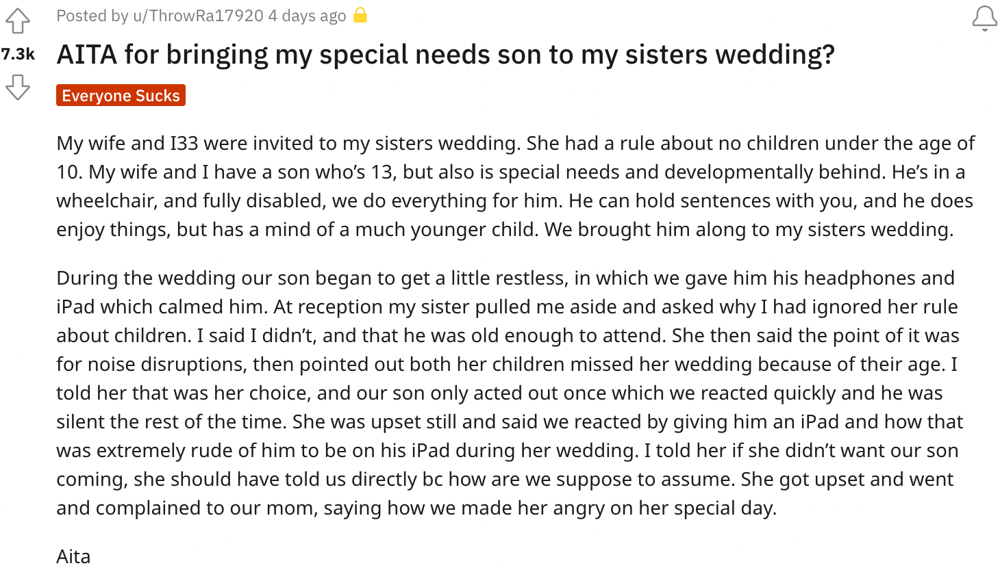 A Redditor discussing bringing his special needs son to his sister's wedding