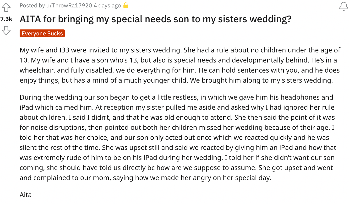 Man Brings Special Needs Son to Sister’s Wedding