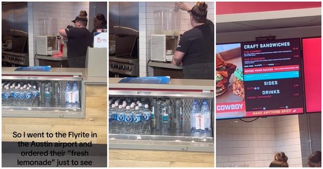 A restaurant worker pouring Simply Lemonade into a drink dispenser even though the menu says 'freshly squeezed'