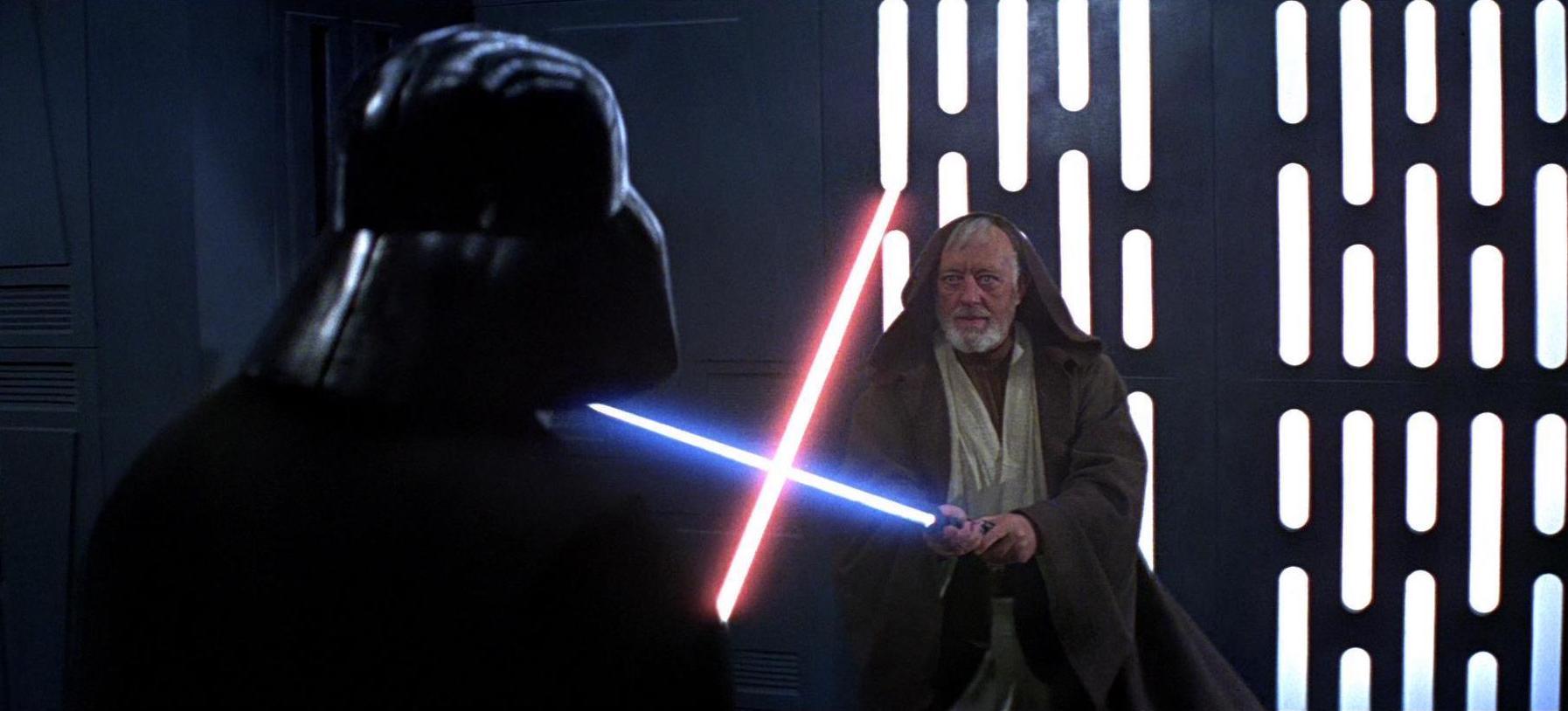 Alec Guinness as Obi-Wan Kenobi and David Prowse as Darth Vader in 'A New Hope.'