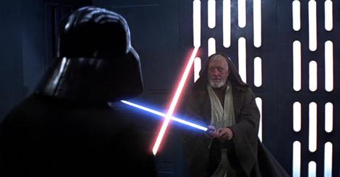 Alec Guinness as Obi-Wan Kenobi and David Prowse as Darth Vader in 'A New Hope.'