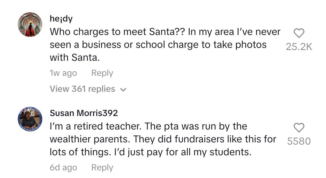 tiktok comment school charges five dollars for santa photo