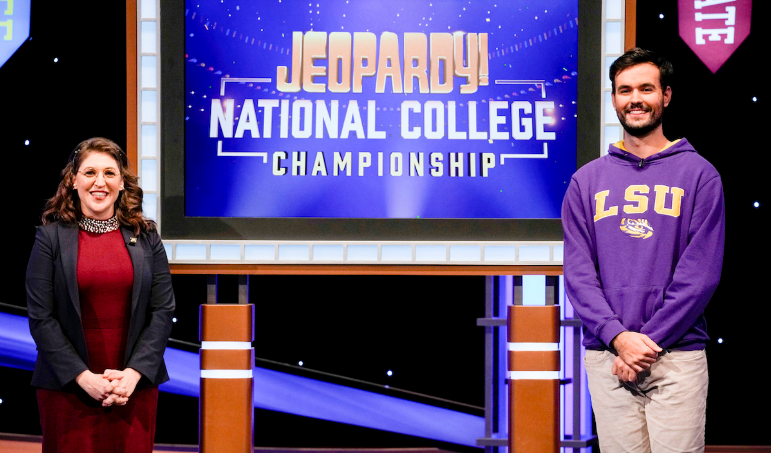 Mayim Bialik hosting 'Jeopardy!' National College Championship.