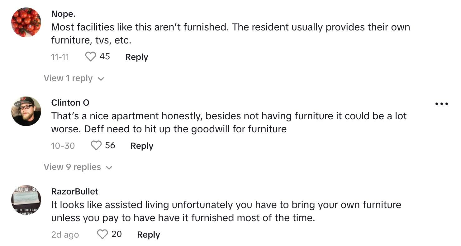 Commenters say that the apartment is nice, but it's normal to have to supply your own furniture