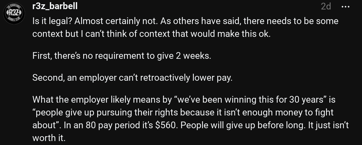 minimum wage reduction two weeks notice