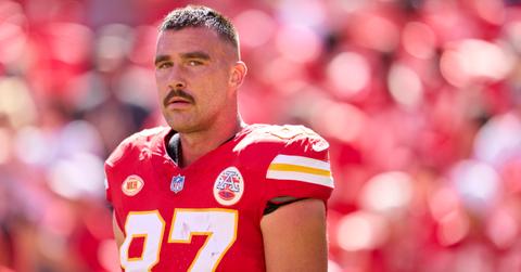 Travis Kelce shows off his mustache during the Chiefs-Bears game on Sept. 24, 2023.
