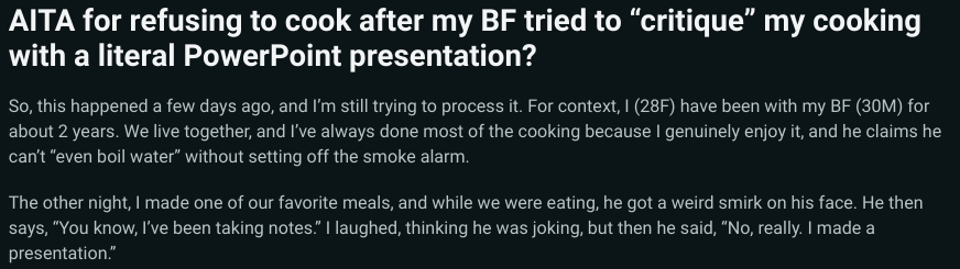 boyfriend criticizes cooking powerpoint