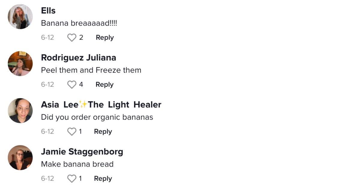 TikTok creators comment on @dani_mignone's story about how she got 17 bananas after ordering three on Instacart