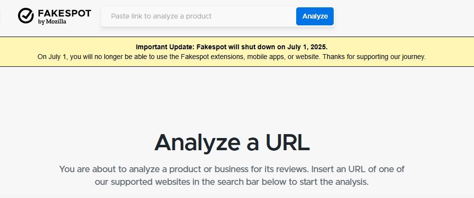 Important note on Fakespot homepage