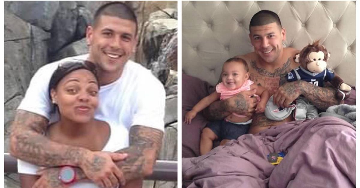 (L-R): Shayanna Jenkins-Hernandez and Aaron Hernandez; Aaron Hernandez in bed with his daughter