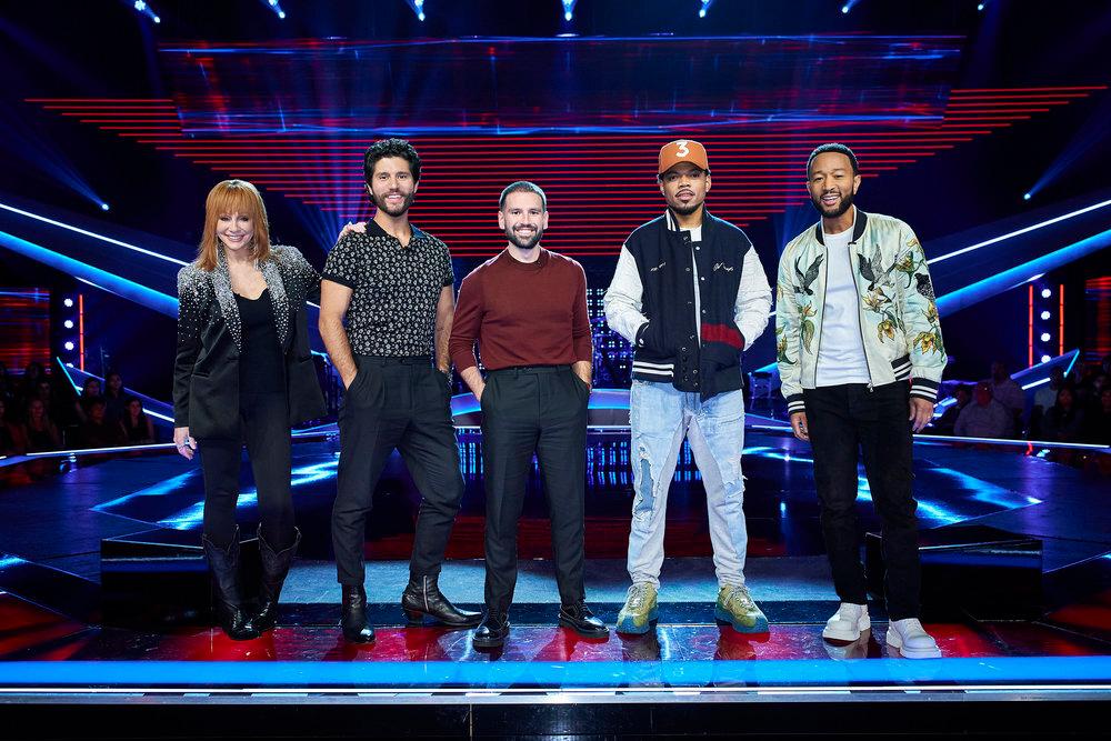 The judges for Season 25 of 'The Voice' standing on stage