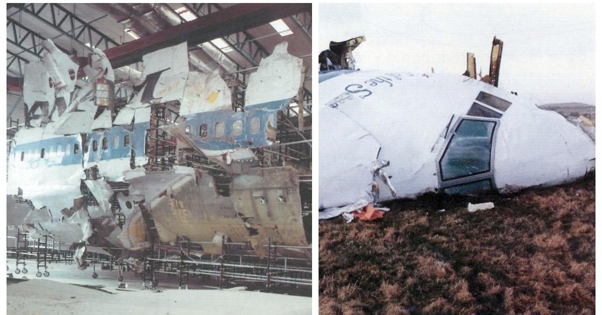 (L-R): The reconstructed fuselage of Pan Am Flight 103 airplane; nose of Pan Am Flight 103 airplane after the crash