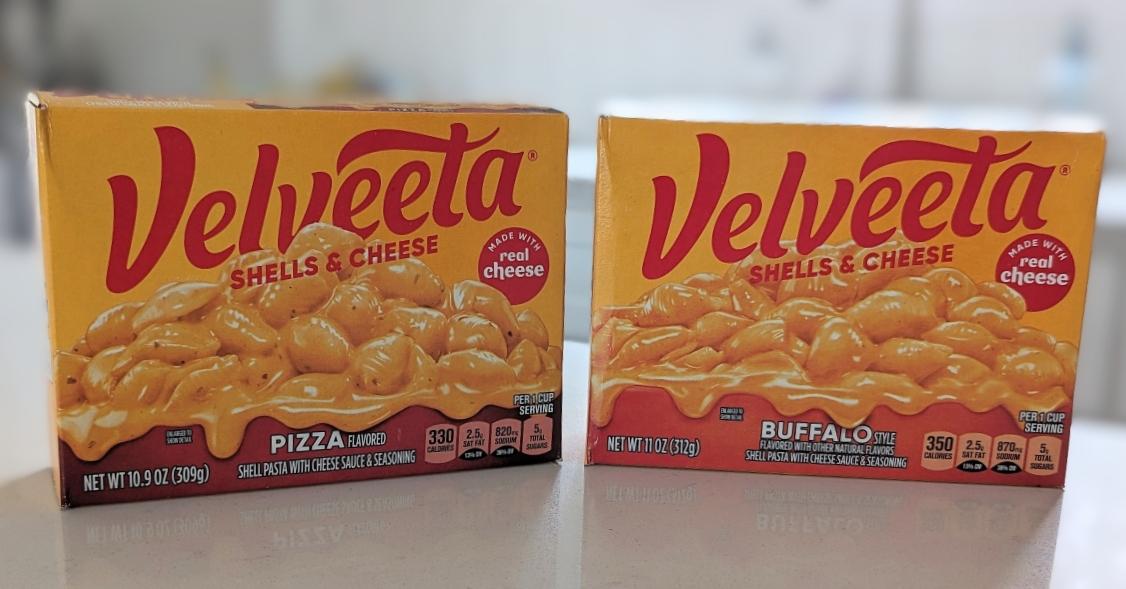 Boxes of Velveeta Shells & Cheese on a kitchen counter