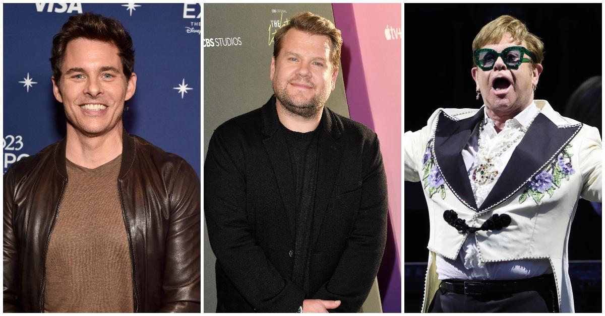 L-R: James Marsden, James Corden, Elton John