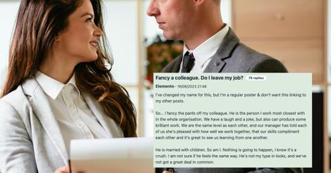 Woman looks at male co-worker seductively.