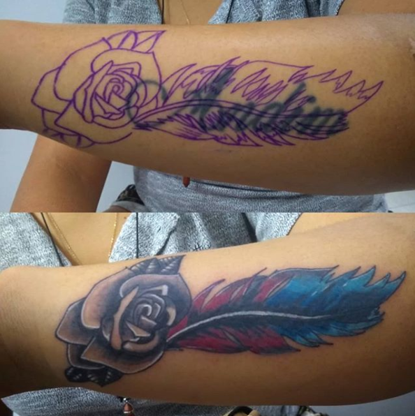 Tattoo uploaded by Yantra Tattoos  Chennai  Name coverup tattoo using  rough feather  Tattoodo