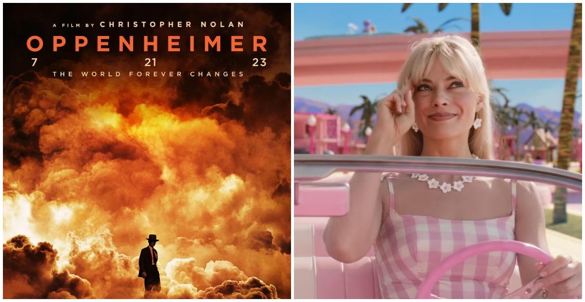 oppenheimer movie poster and margot robbie as barbie