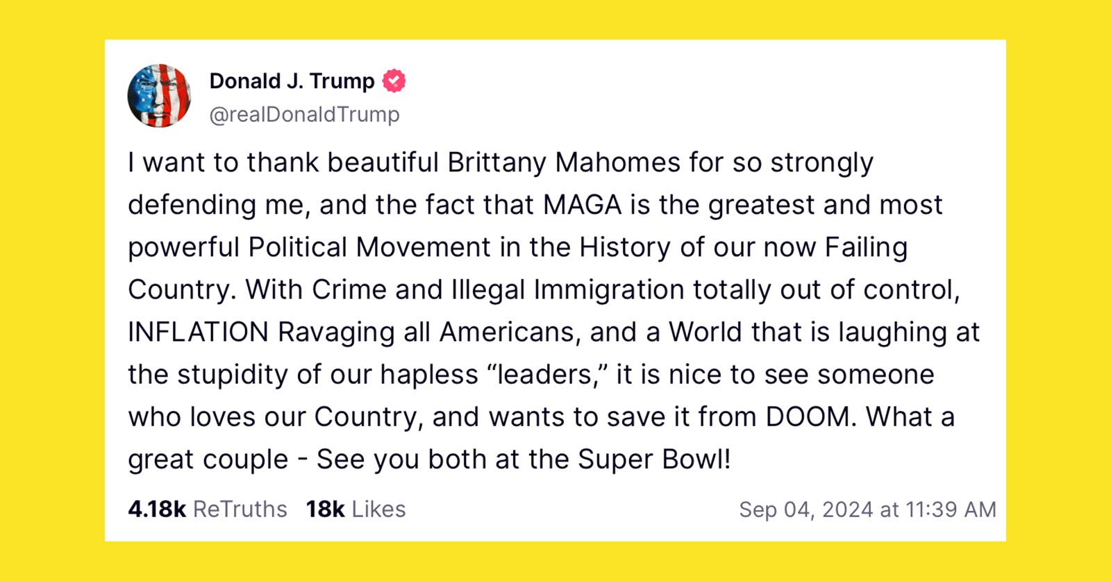 Donald Trump truth social Brittany mahomes