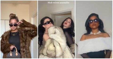 (l-r): Several TikTok creators wearing the mob wife aesthetiv