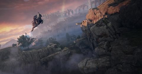 'Elden Ring' Player riding Torrent to leap above a cliff.
